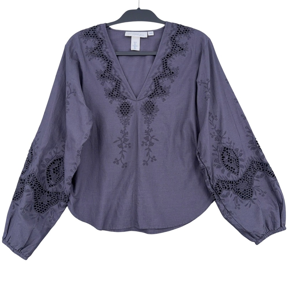 H&M LOGG Eyelet Embroidered‎ Blouse Womens 4 100% Cotton Purple Gray